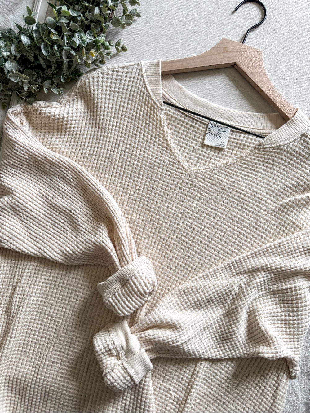 OFFLINE by Aerie Waffle Knit Long Sleeve Top Cream Oversized Small